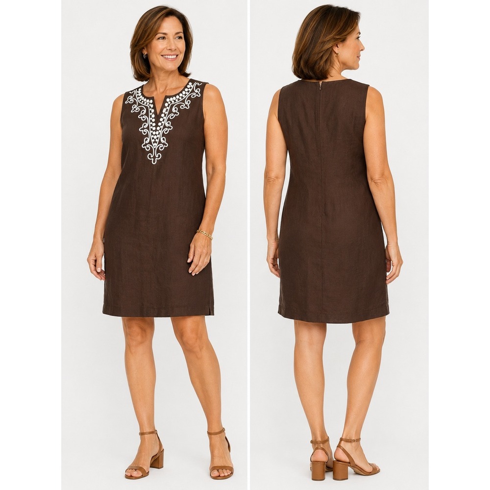Talbots Linen Shift Dress Womens 12P Brown Beaded Embroidered Minimal Classic‎